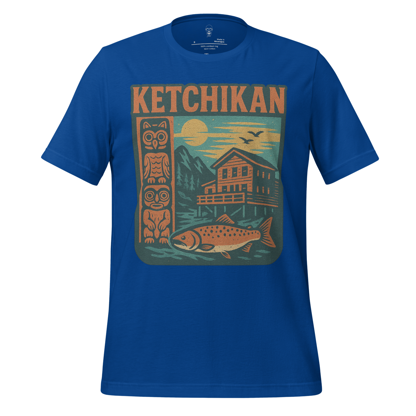 Blue Ketchikan Graphic T-Shirt by JMK Drip featuring totem pole, fish, and mountain cabin design