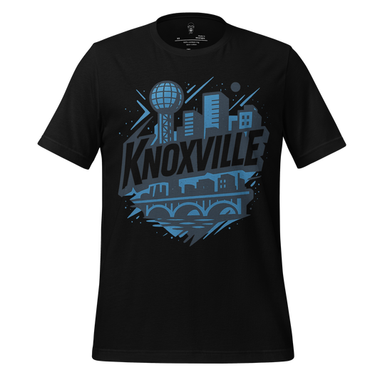 JMK Drip Knoxville t shirt black with blue city skyline and iconic landmarks graphic