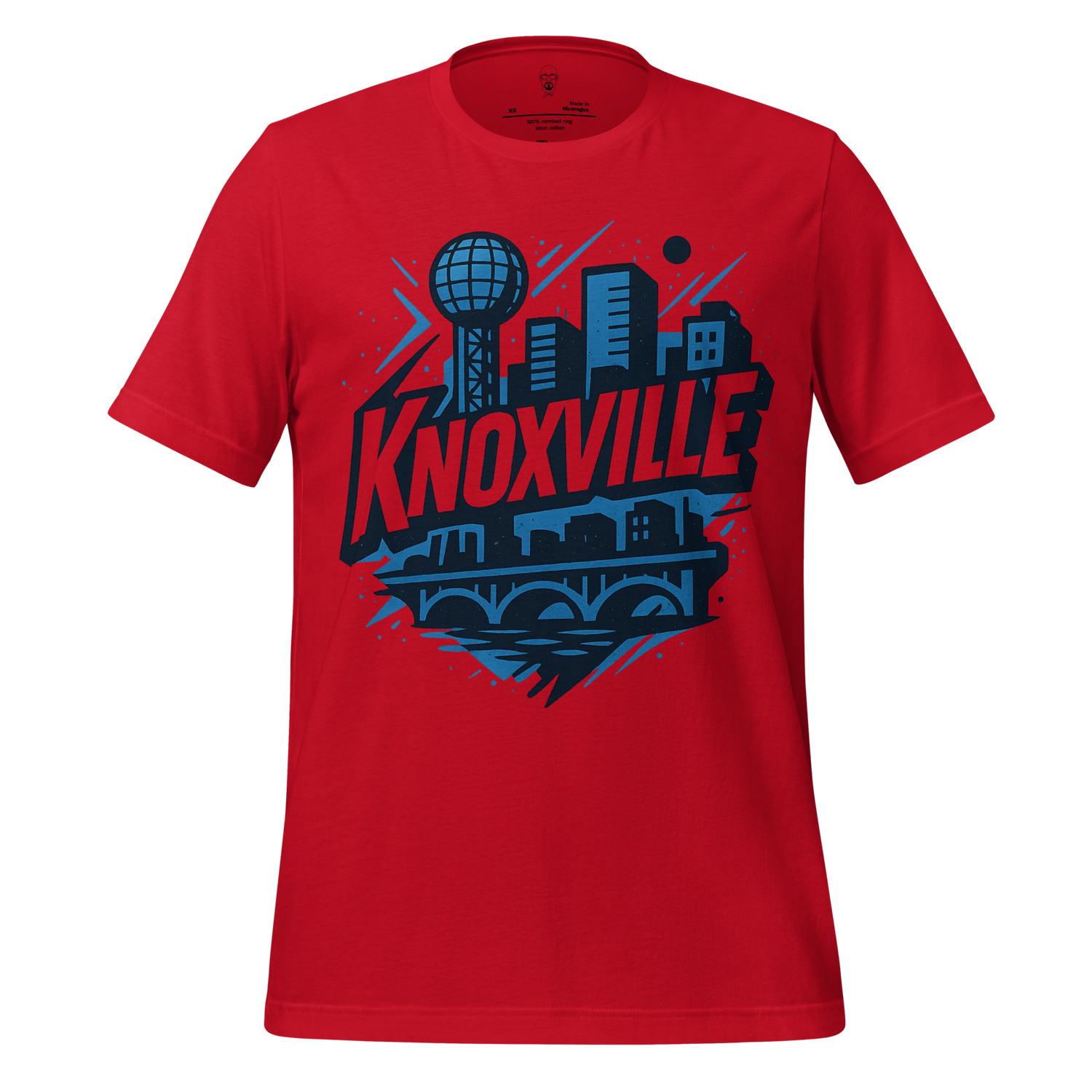 Red Knoxville t shirt featuring city skyline and iconic landmarks graphic design