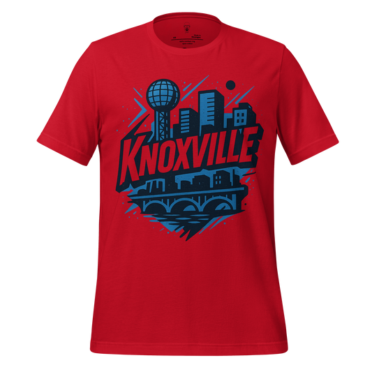 Red Knoxville t shirt featuring city skyline and iconic landmarks graphic design