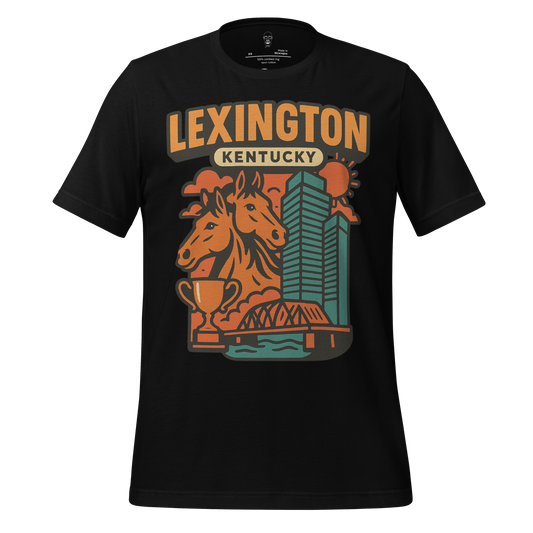 Black Lexington Kentucky t-shirt with horse, city skyline, and trophy graphic design