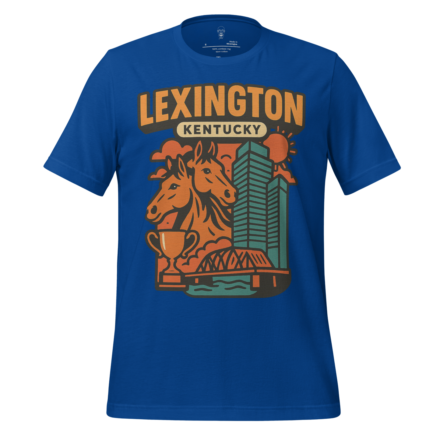 Blue Lexington Kentucky t-shirt with graphic of horses, city skyline, bridge, and trophy