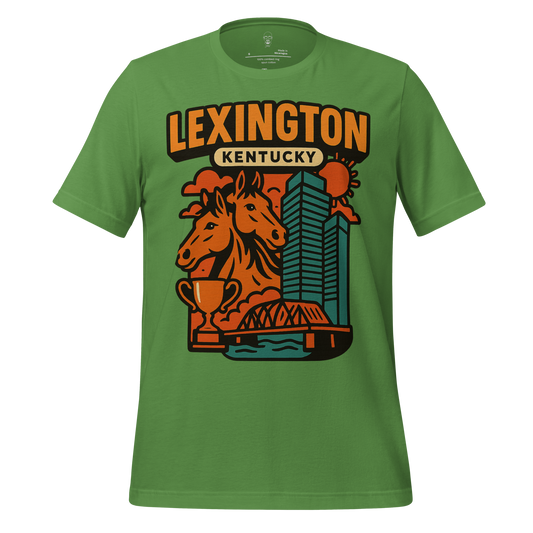 Green Lexington Kentucky t-shirt featuring horse heads, trophy, bridge, and city skyline graphic