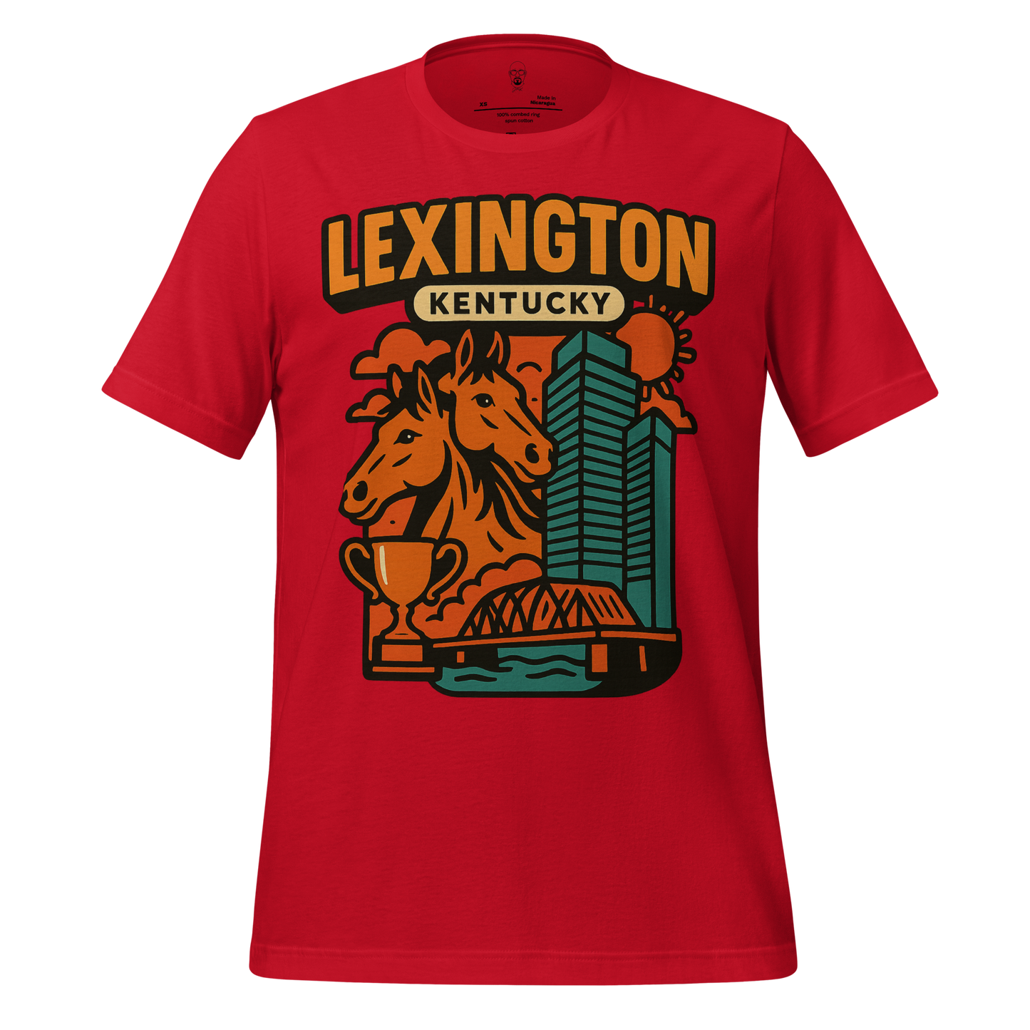 Red Lexington Kentucky t-shirt featuring horse heads, city skyline, sun, and trophy graphic design