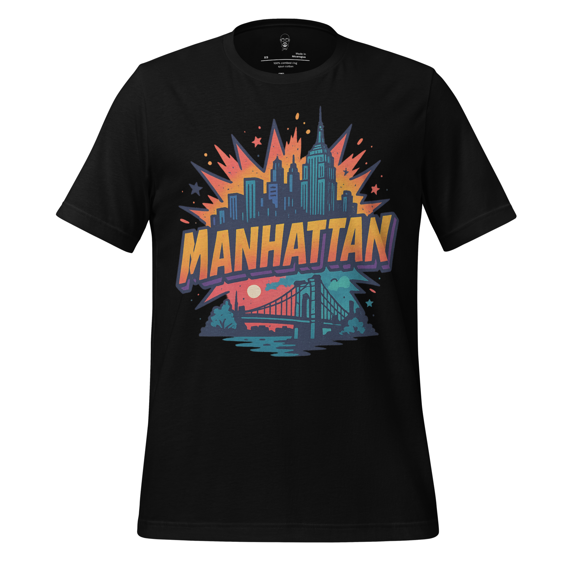 Black Manhattan Graphic T-Shirt with colorful city skyline and bridge design by JMK Drip