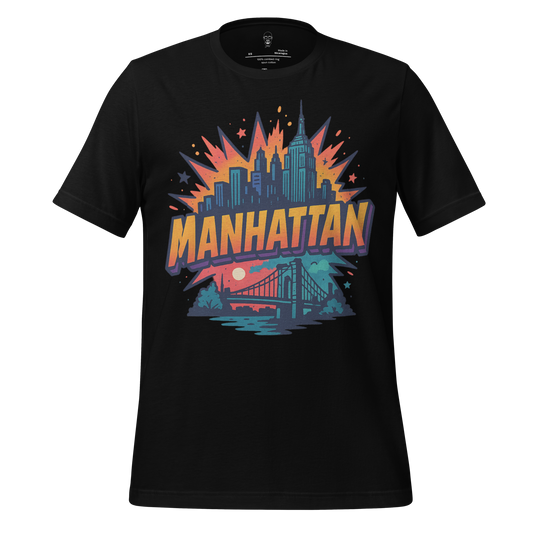 Black Manhattan Graphic T-Shirt with colorful city skyline and bridge design by JMK Drip