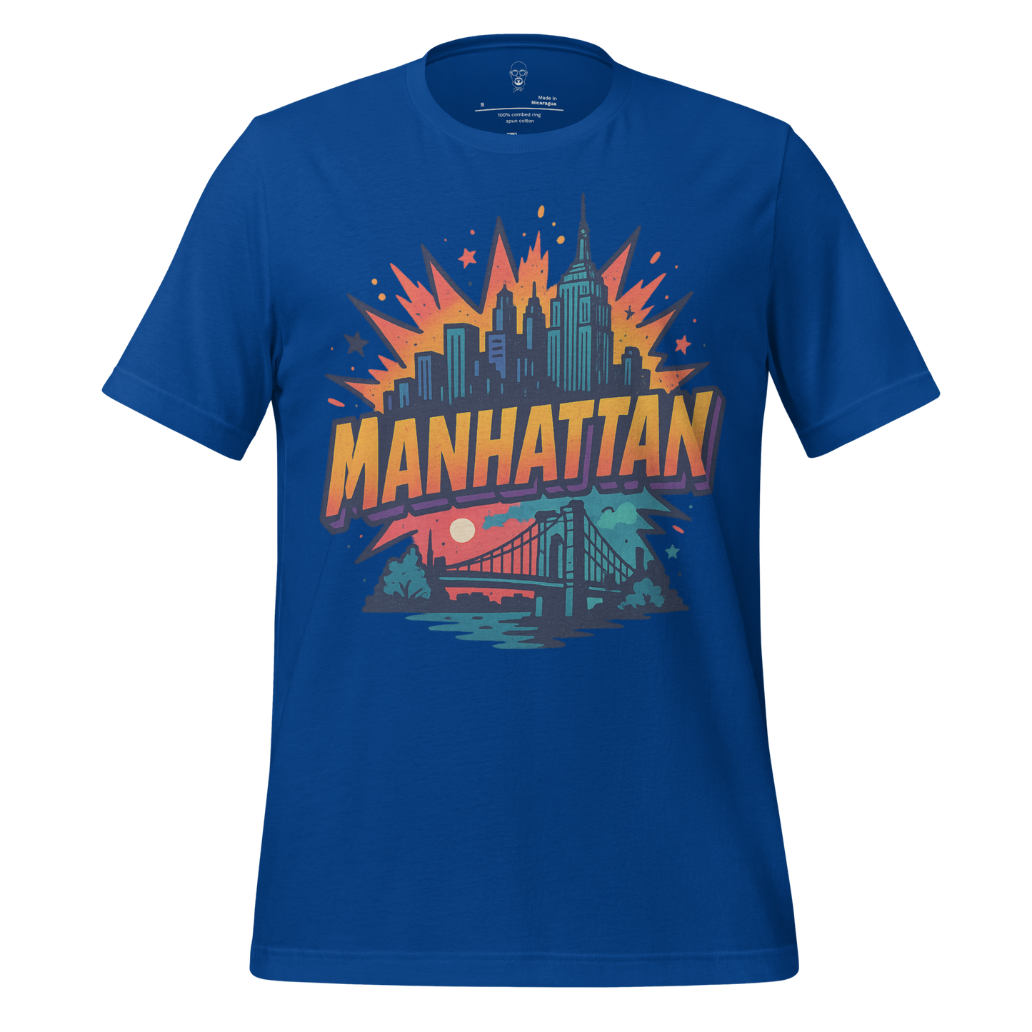 JMK Drip blue Manhattan Graphic T-Shirt featuring colorful New York skyline and bridge design