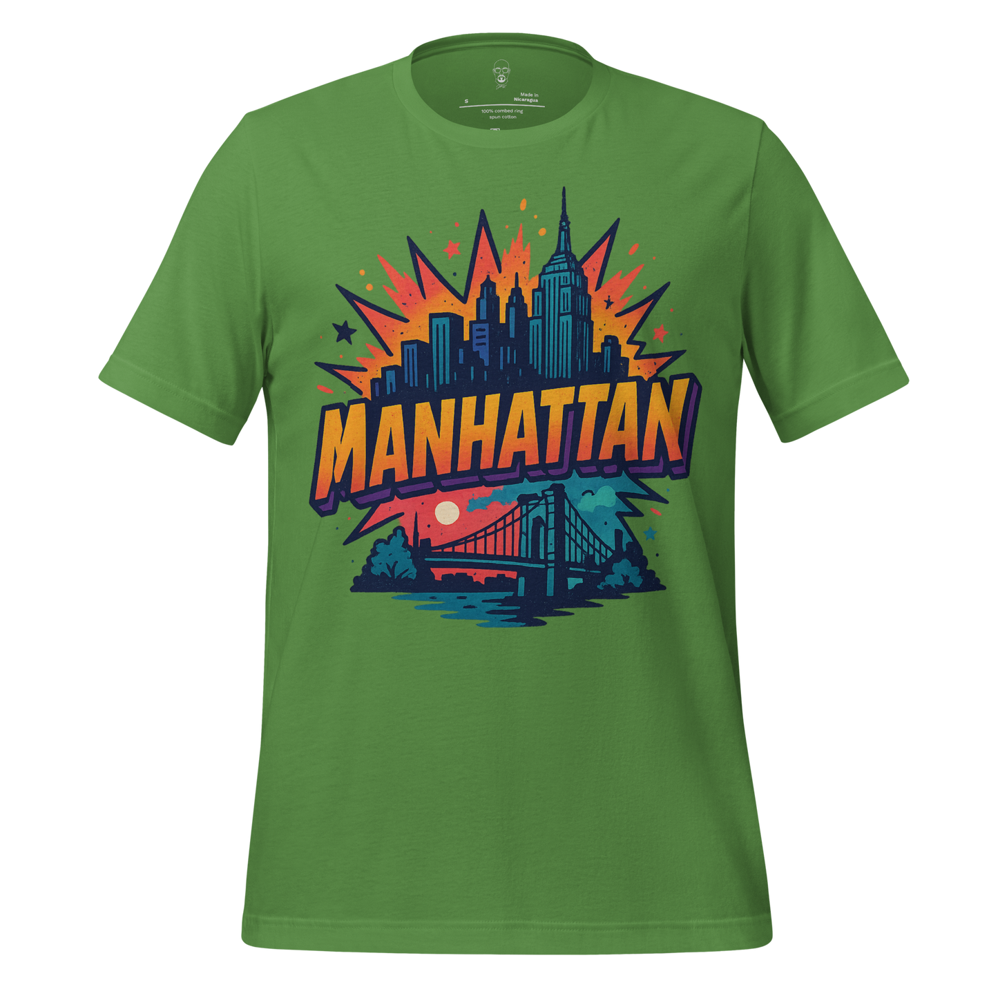 Green Manhattan Graphic T-Shirt by JMK Drip featuring colorful Manhattan skyline and bridge design