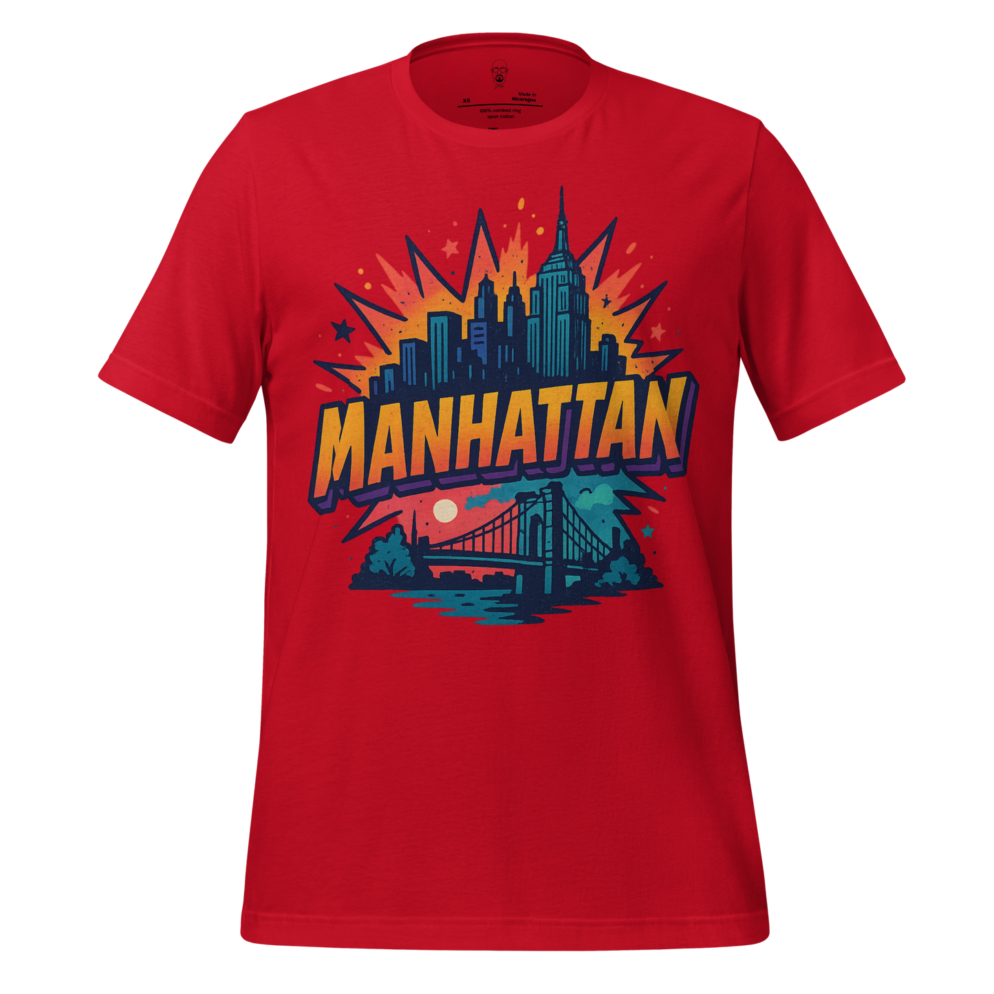 Red Manhattan Graphic T-Shirt by JMK Drip featuring NYC skyline and bridge design
