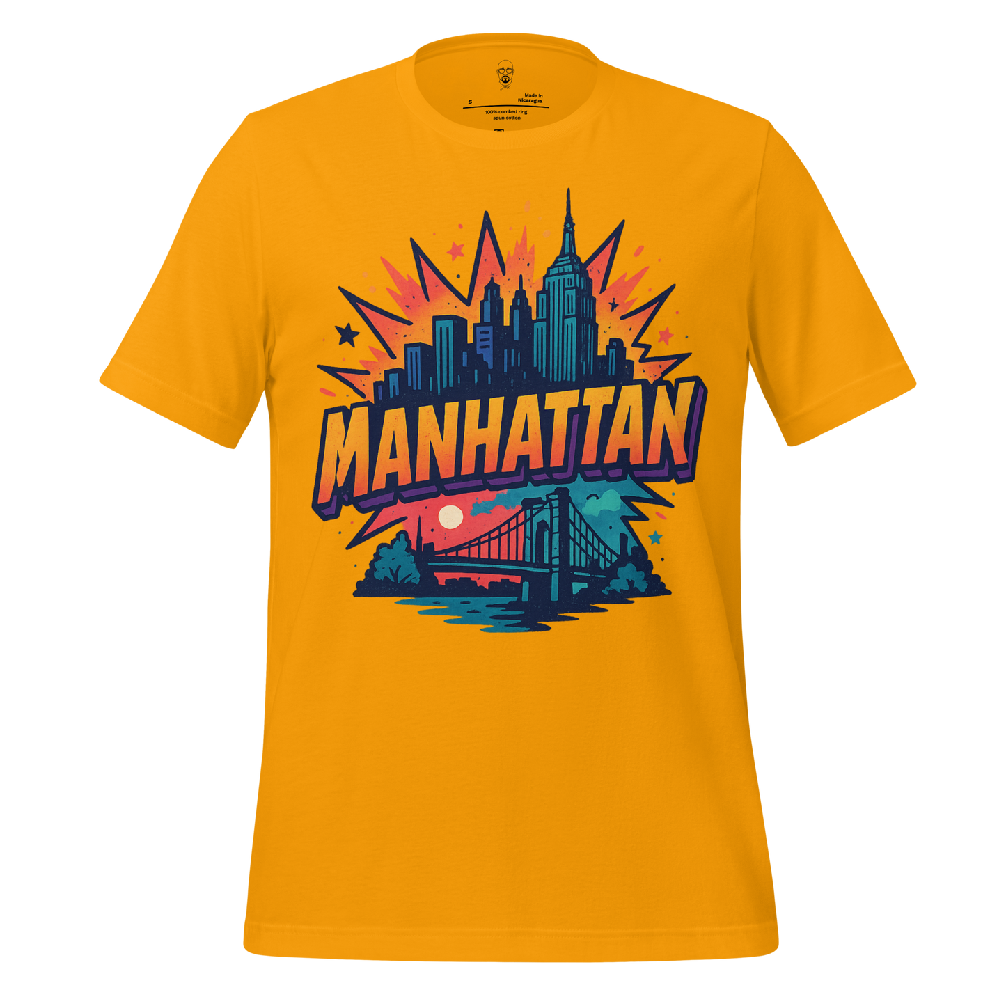 JMK Drip yellow Manhattan Graphic T-Shirt with city skyline and bridge illustration