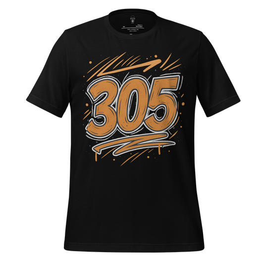 Black Miami 305 graphic t-shirt with bold orange and white 305 design on front