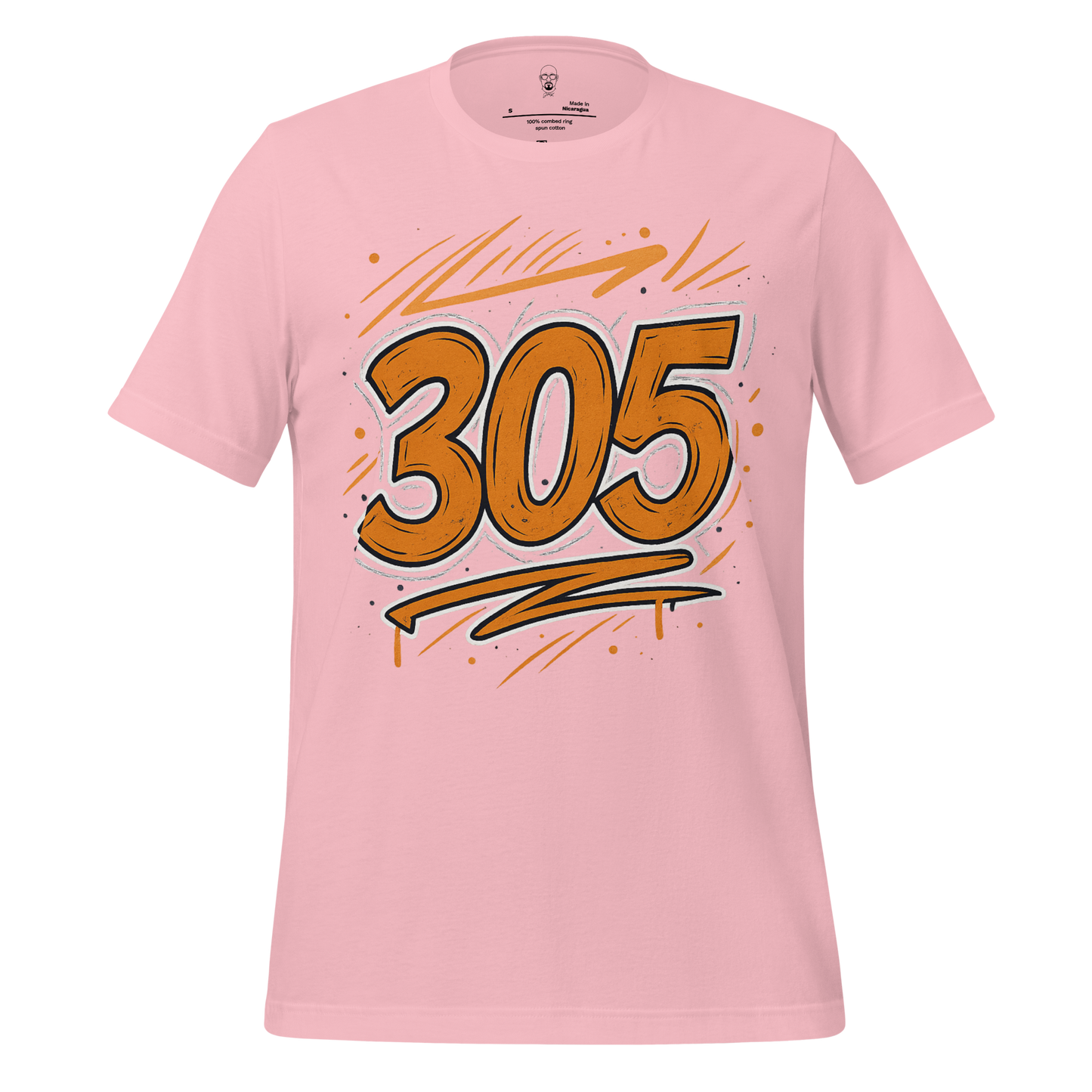 Pink Miami 305 graphic t-shirt with bold orange and black 305 design and artistic accents