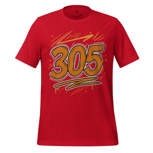 Red Miami 305 graphic t-shirt with bold yellow 305 design and artistic brush strokes