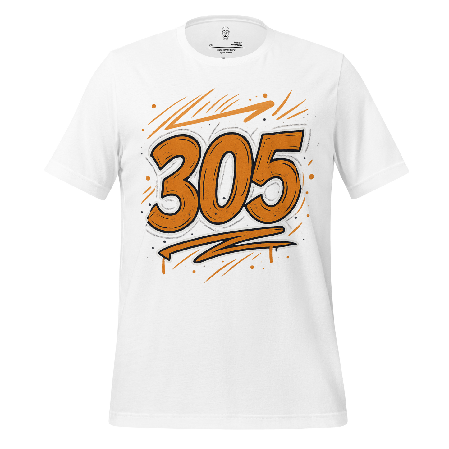 White Miami 305 graphic t-shirt with bold orange 305 design and artistic brush strokes