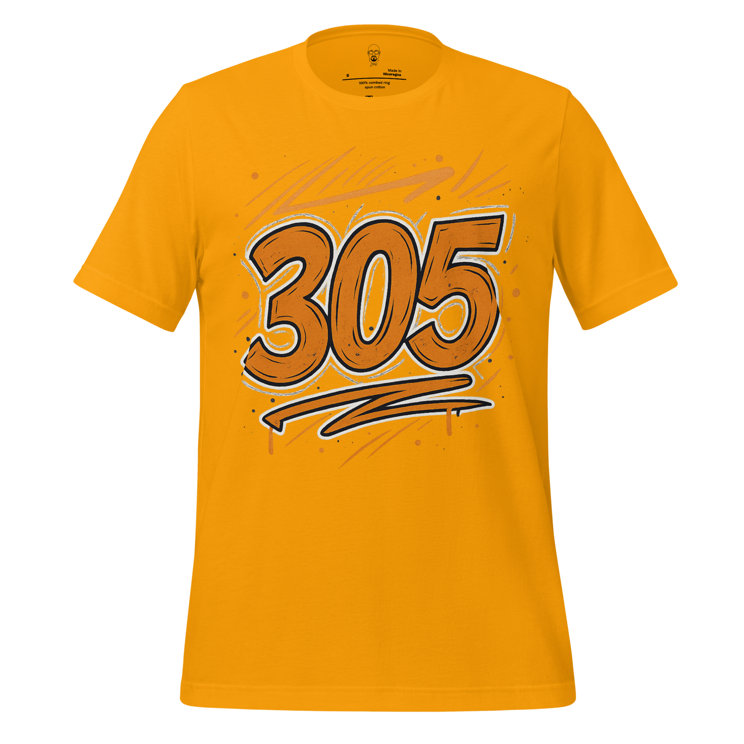 Orange Miami 305 graphic t-shirt with bold 305 print and artistic brushstroke design
