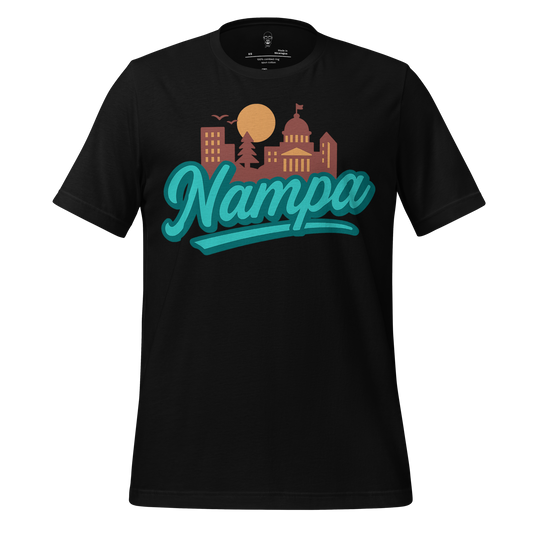 JMK Drip black Nampa Graphic T-Shirt with teal text and city skyline design