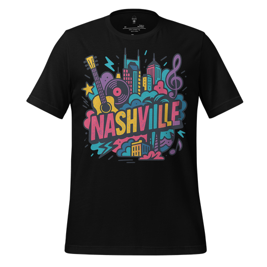 Black Nashville graphic tee with colorful cityscape, guitar, music notes, and Nashville text design