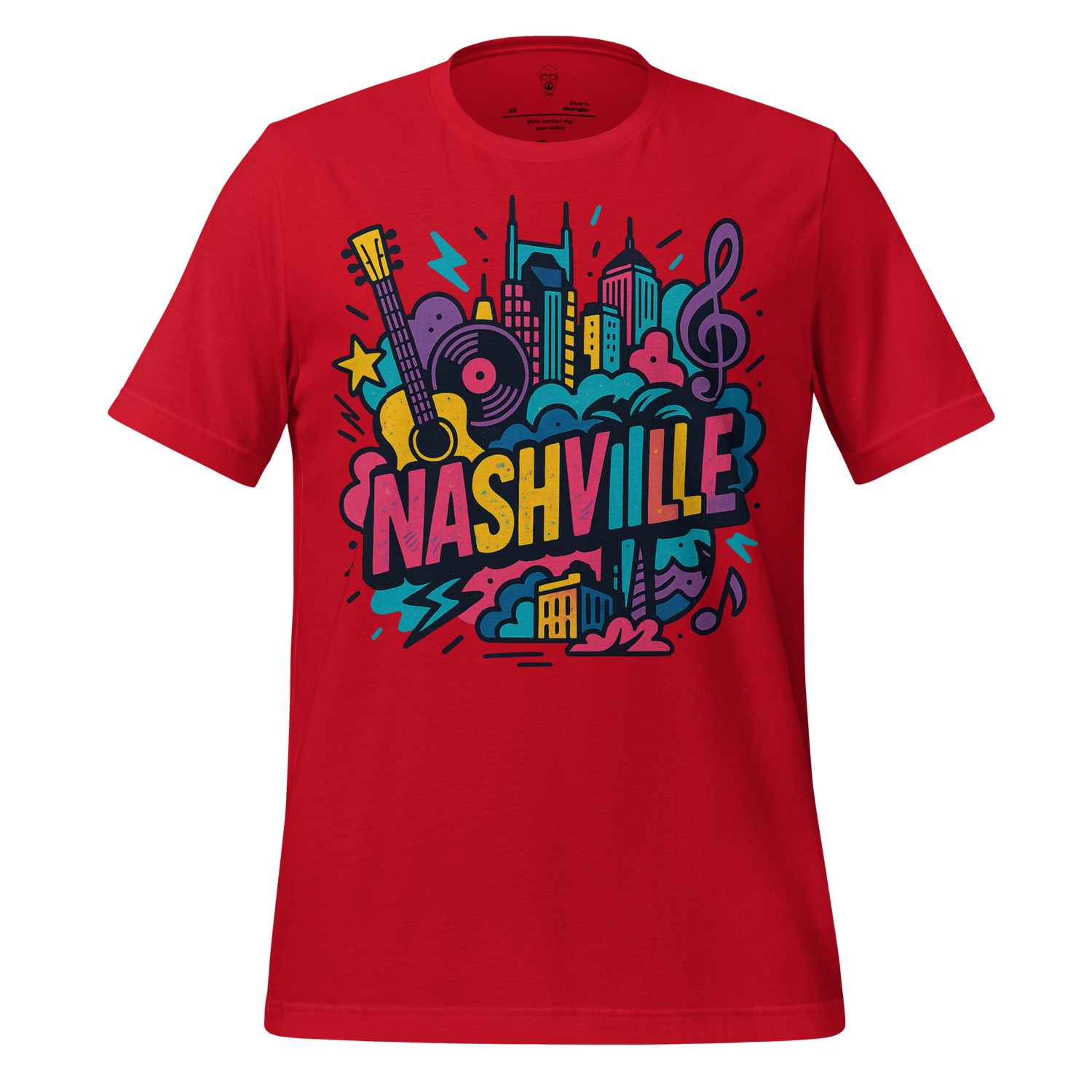 Red Nashville graphic tee with colorful music and cityscape design by JMK Drip