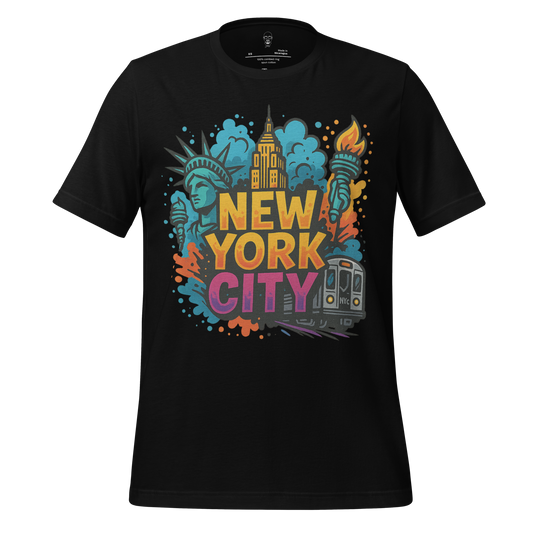 Black New York City Graphic T-Shirt with colorful skyline, Statue of Liberty, and subway train design