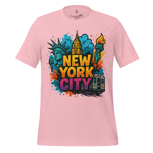 Pink New York City Graphic T-Shirt with colorful Statue of Liberty and subway design by JMK Drip
