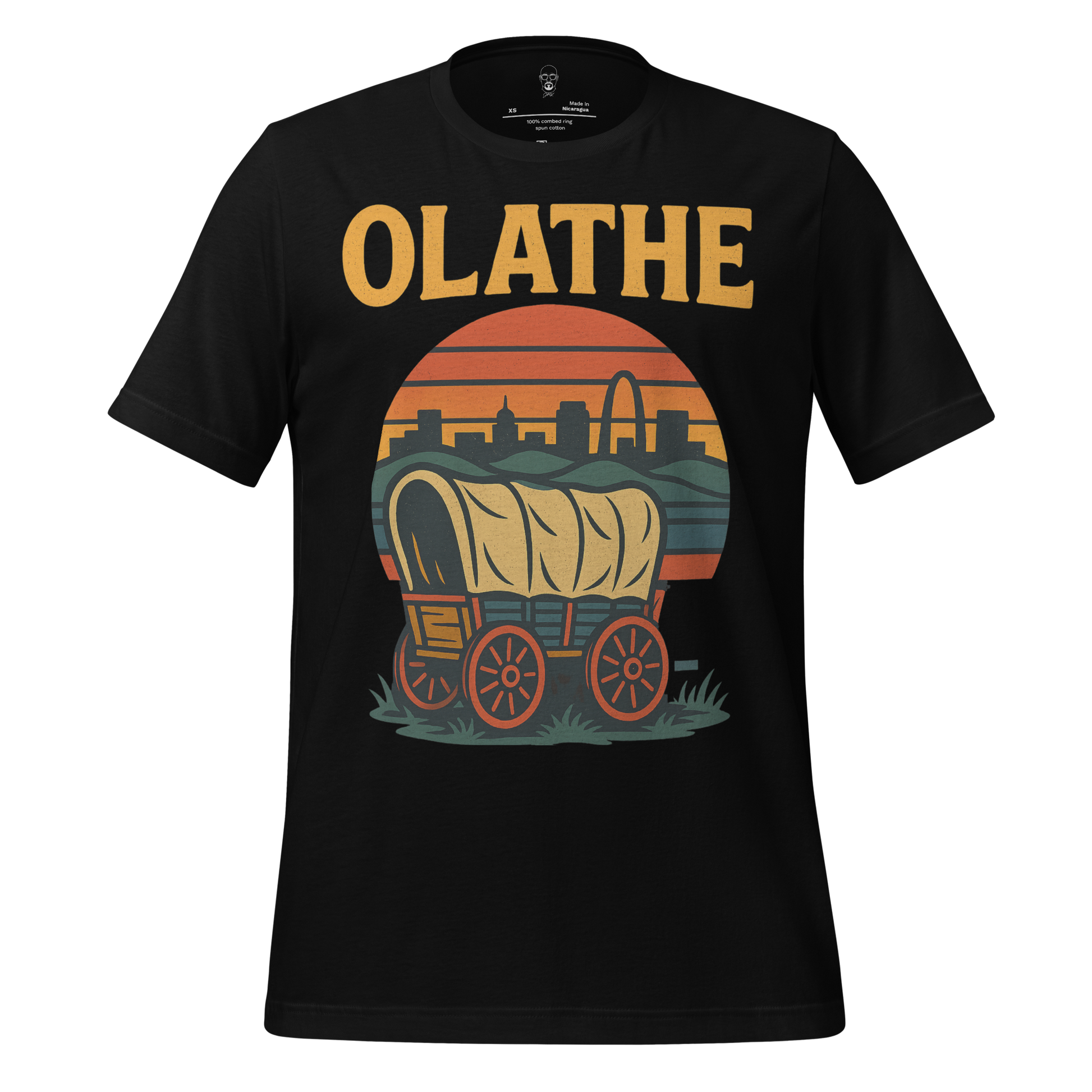 Black Olathe t-shirt by JMK Drip featuring covered wagon and city skyline graphic