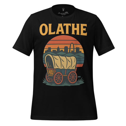 Black Olathe t-shirt by JMK Drip featuring covered wagon and city skyline graphic
