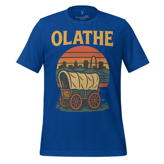 Blue Olathe t-shirt with vintage covered wagon and city skyline graphic design