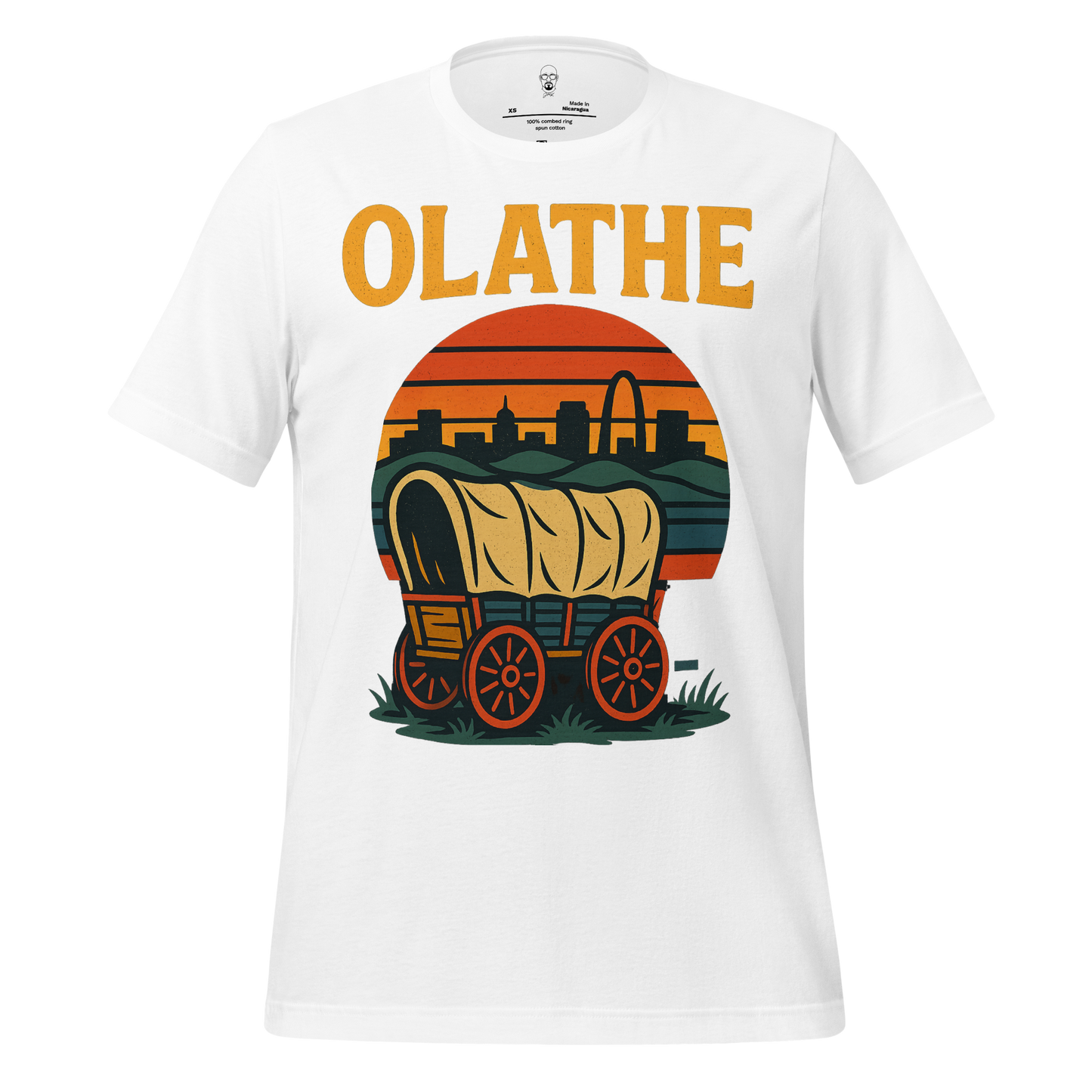 White Olathe t-shirt with vintage covered wagon and city skyline graphic design