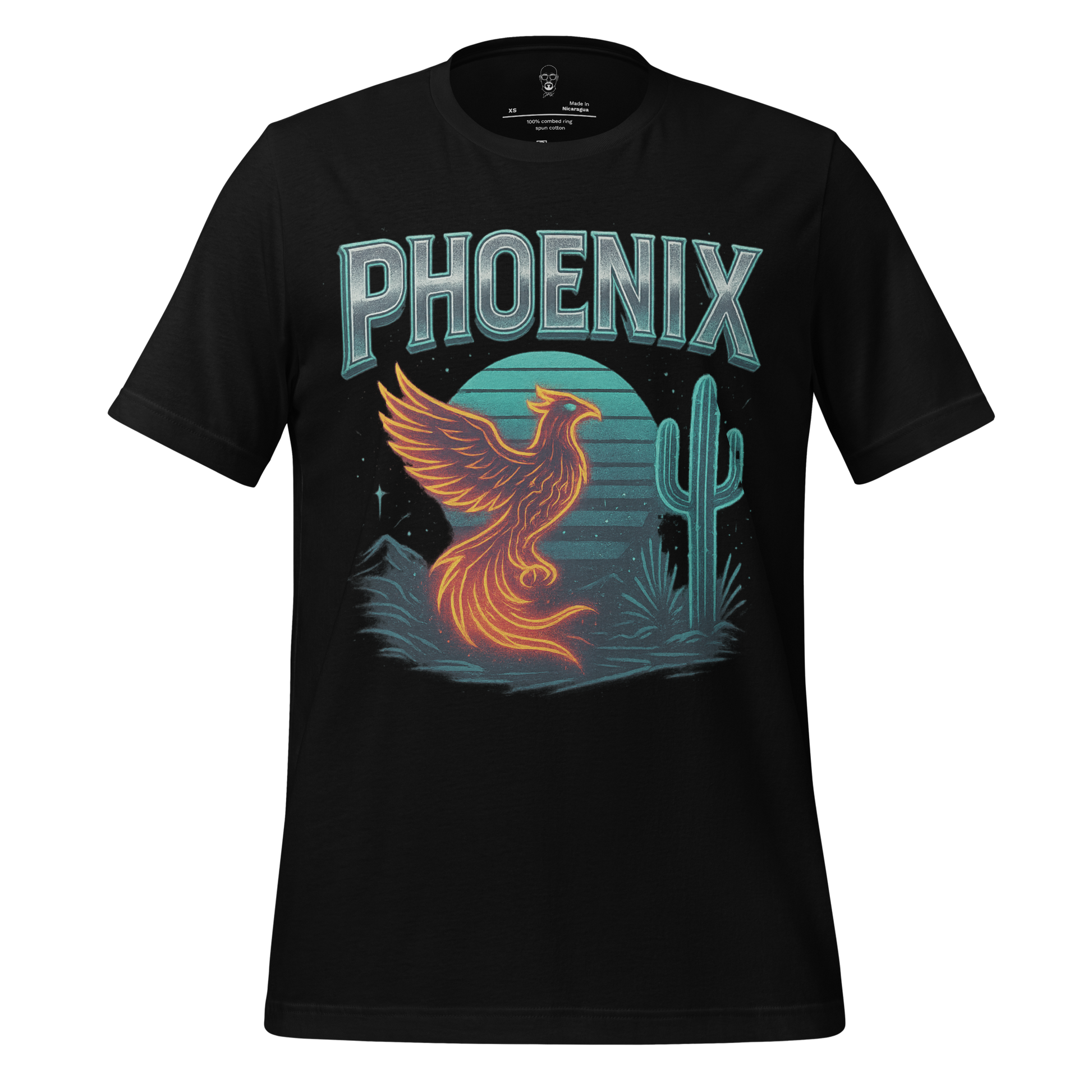 Black Phoenix Graphic T-Shirt by JMK Drip featuring a fiery phoenix and desert cactus design