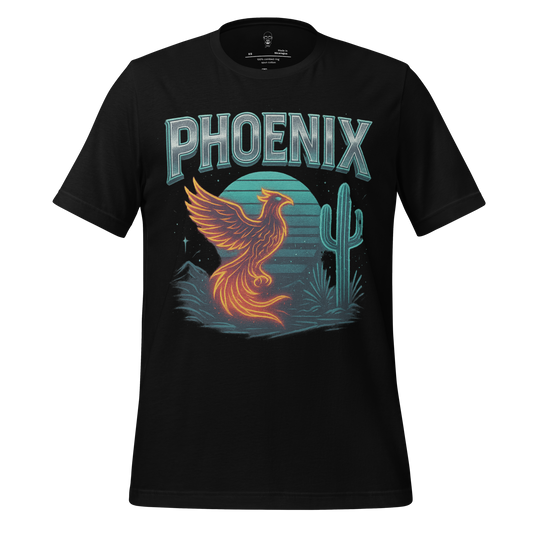 Black Phoenix Graphic T-Shirt by JMK Drip featuring a fiery phoenix and desert cactus design