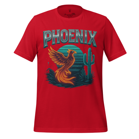 Red JMK Drip Phoenix Graphic T-Shirt with vibrant phoenix and desert cactus design