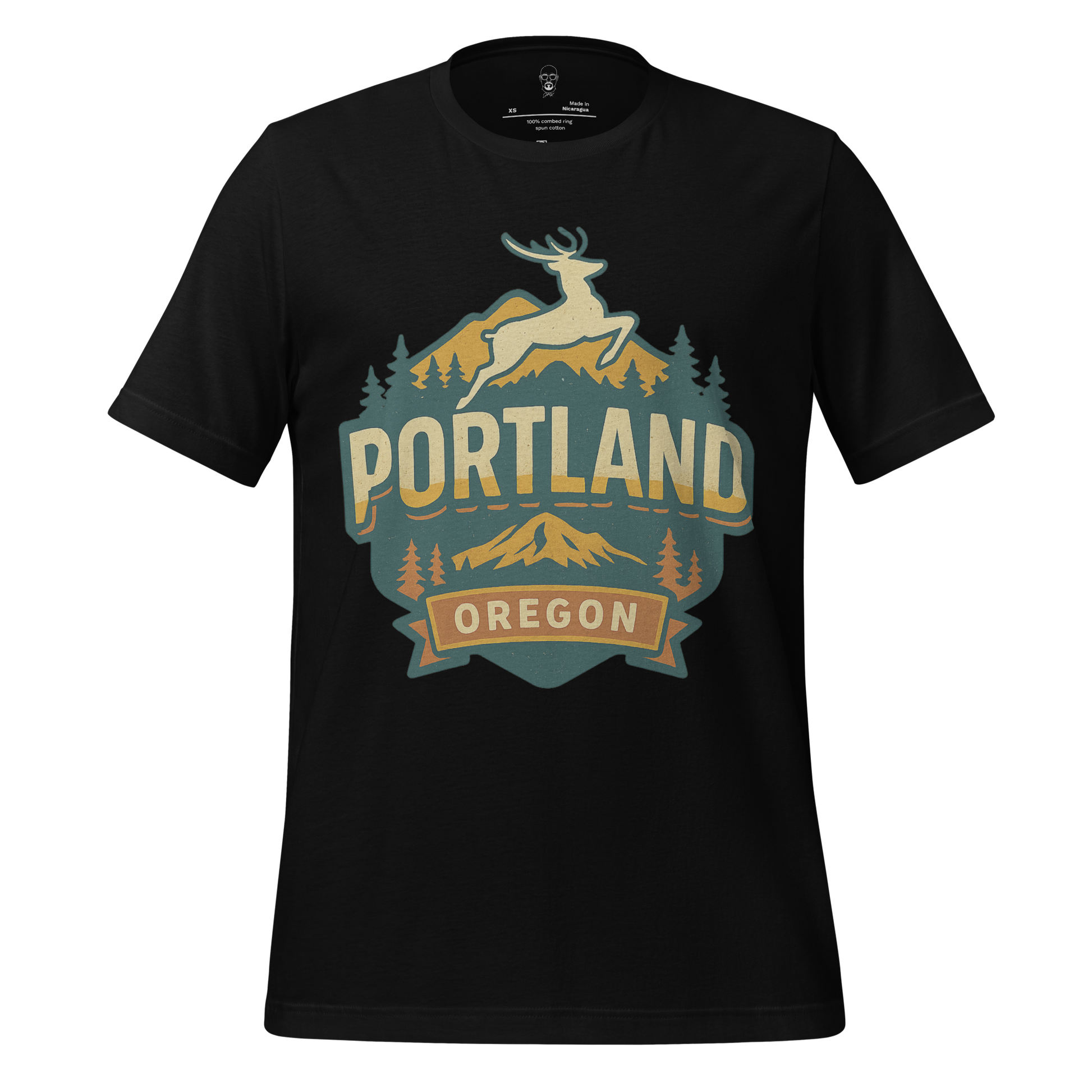 Black Portland Graphic T-Shirt by JMK Drip featuring a deer and forest design with Oregon text