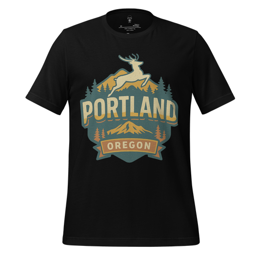 Black Portland Graphic T-Shirt by JMK Drip featuring a deer and forest design with Oregon text
