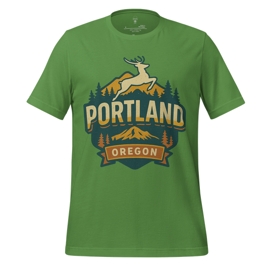 JMK Drip green Portland Graphic T-Shirt featuring a jumping deer and mountain design