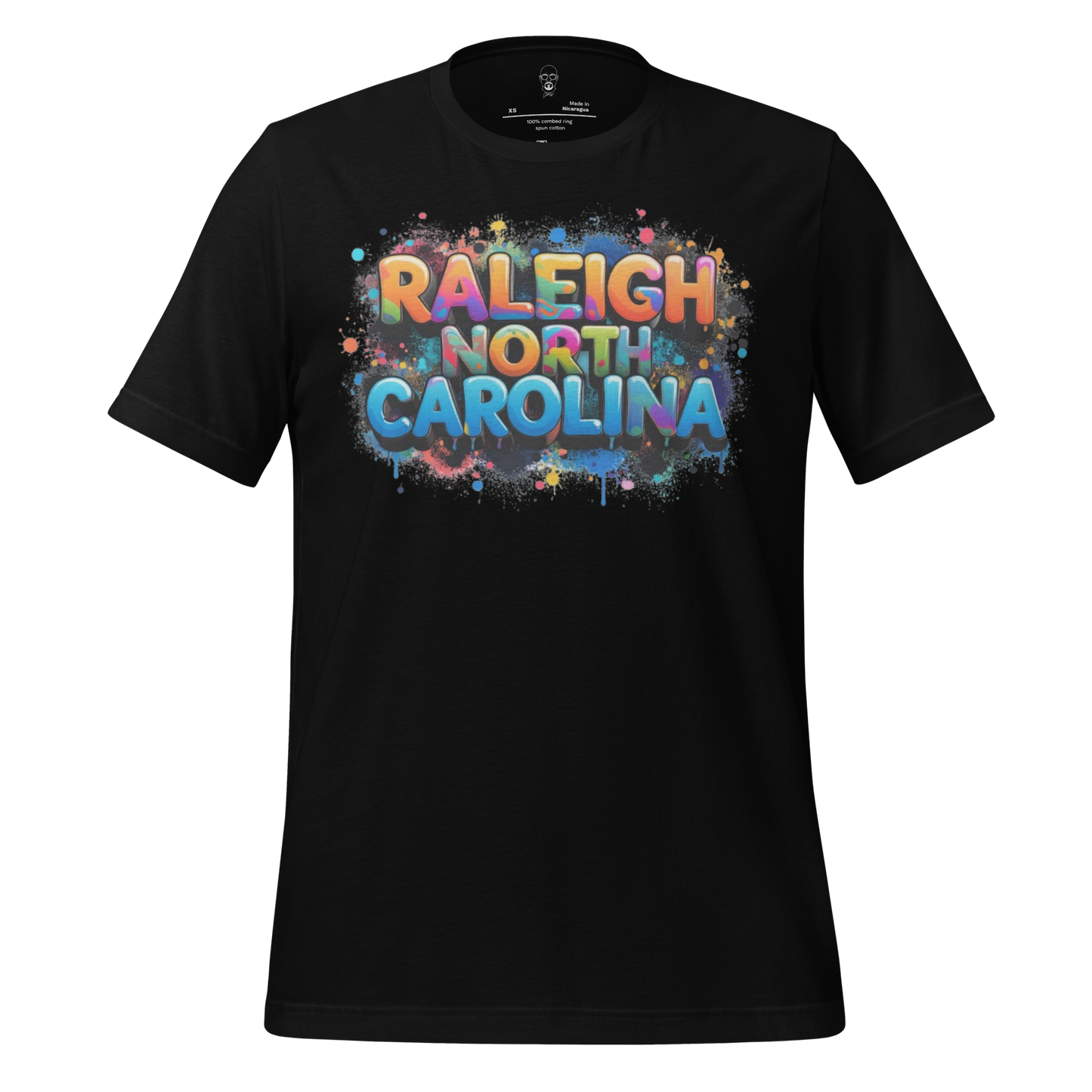 Black Raleigh North Carolina t-shirt with colorful paint splatter graphic design by JMK Drip