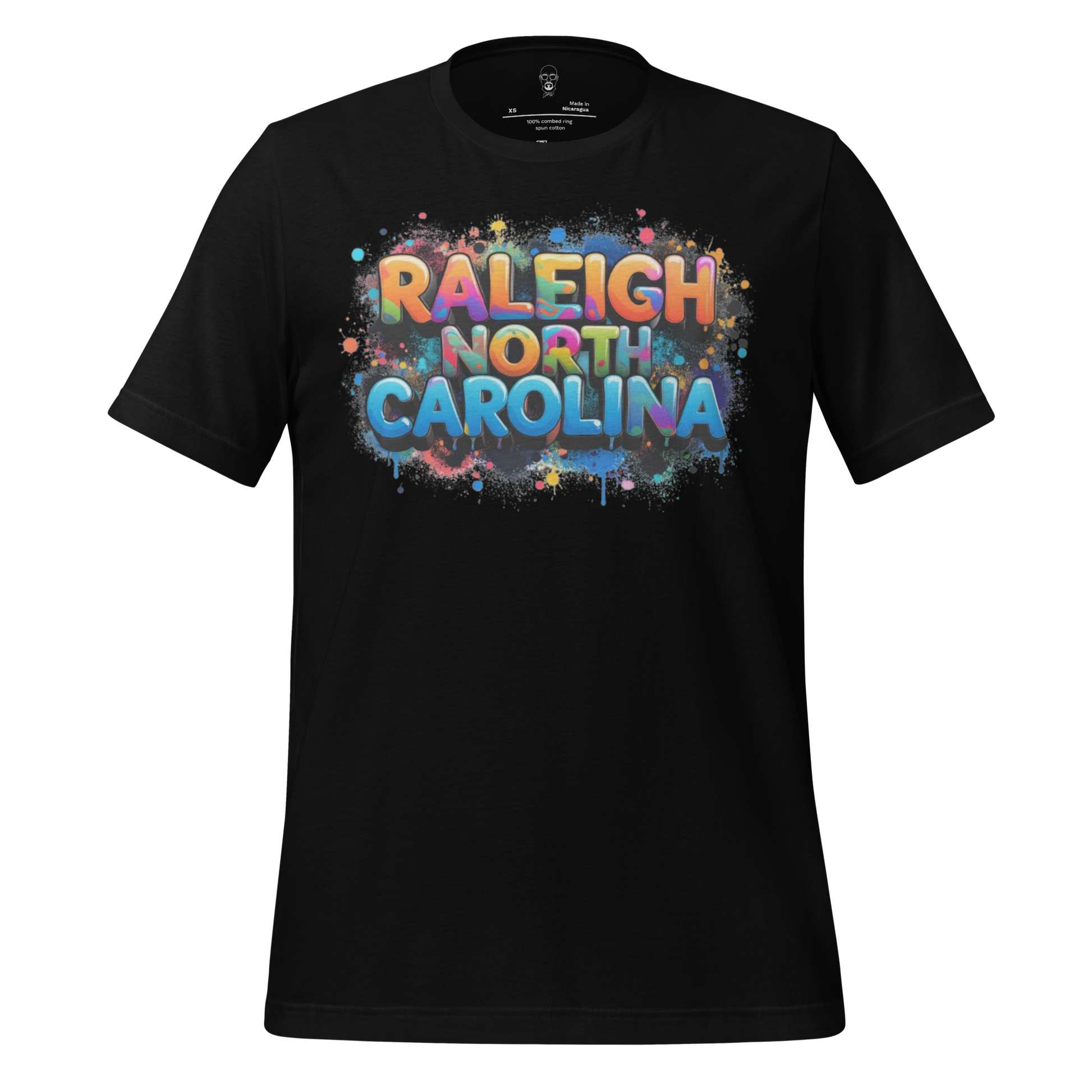 Black Raleigh North Carolina t-shirt with colorful paint splatter graphic design by JMK Drip