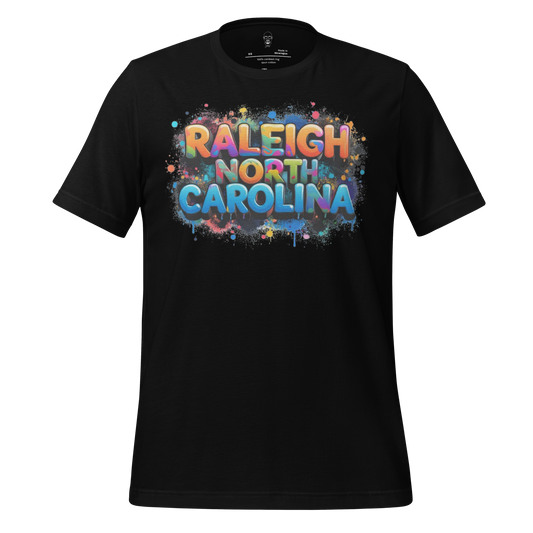 Black Raleigh North Carolina t-shirt with colorful paint splatter graphic design by JMK Drip