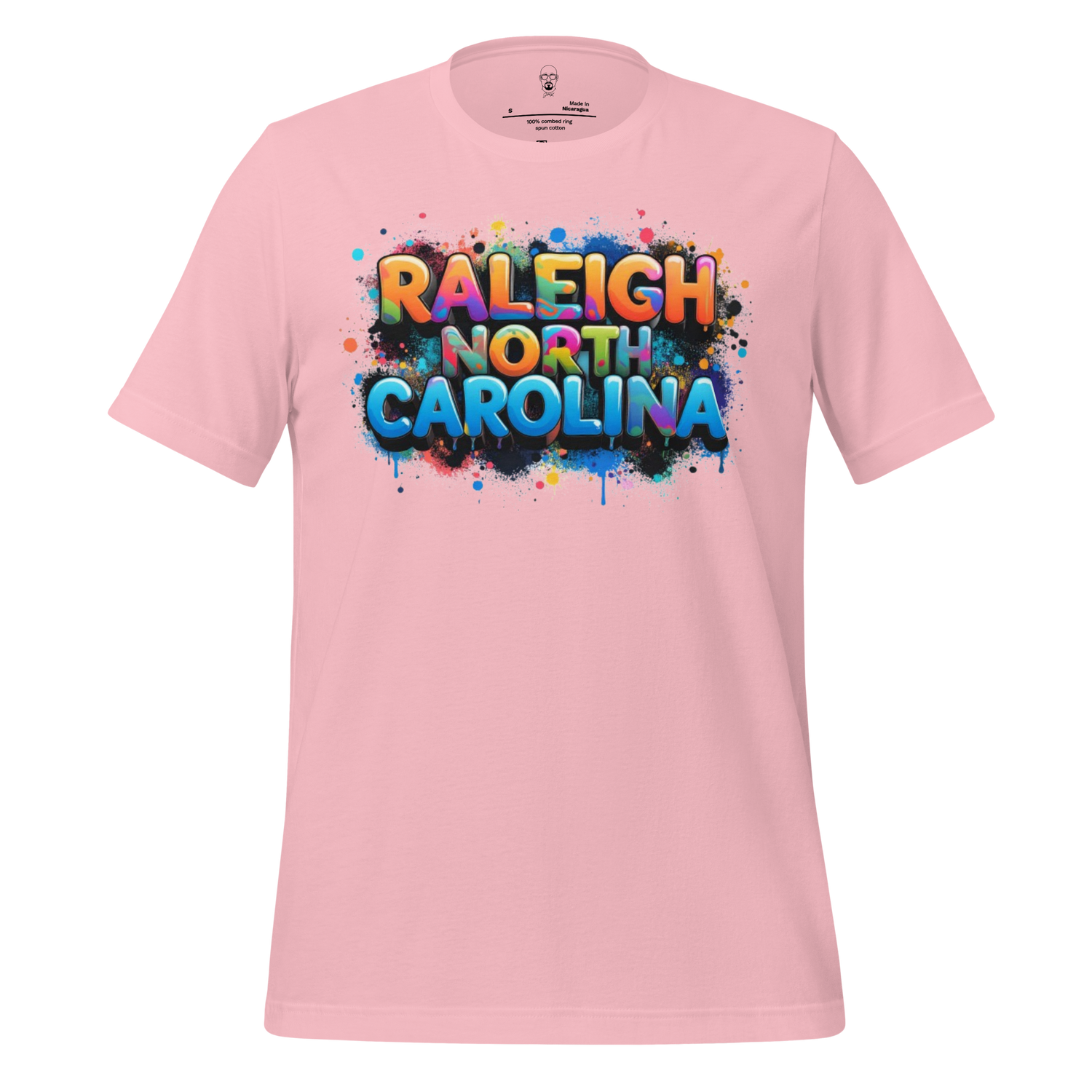 Pink Raleigh North Carolina t-shirt with colorful graffiti style text design by JMK Drip