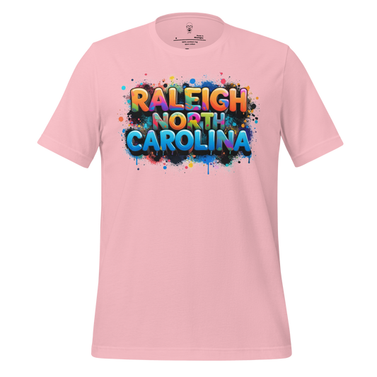 Pink Raleigh North Carolina t-shirt with colorful graffiti style text design by JMK Drip