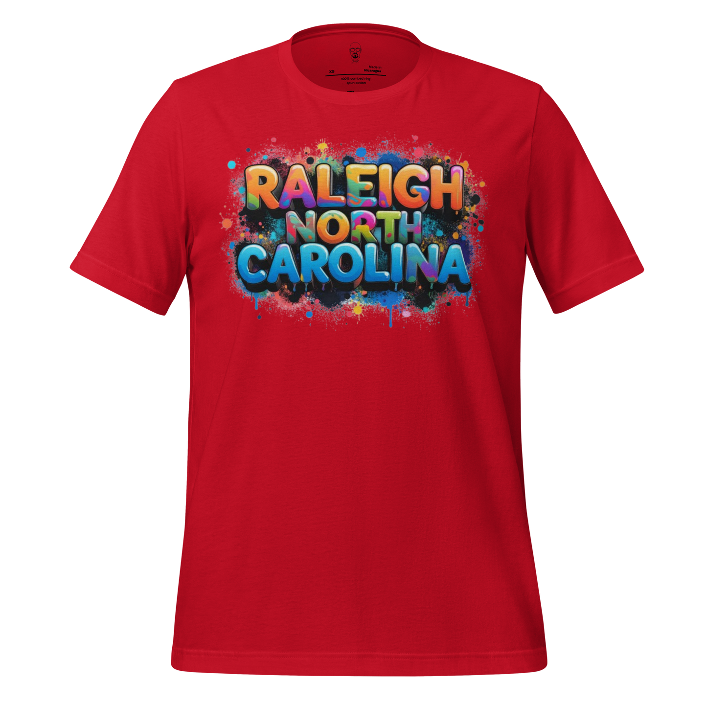Red Raleigh North Carolina t-shirt with colorful graffiti style text design by JMK Drip