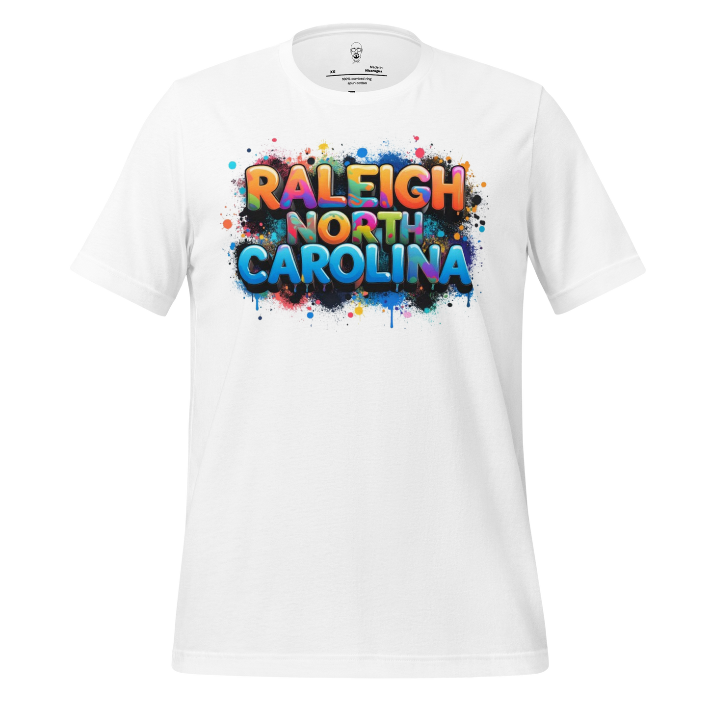 White Raleigh North Carolina t-shirt with colorful graffiti-style text design by JMK Drip