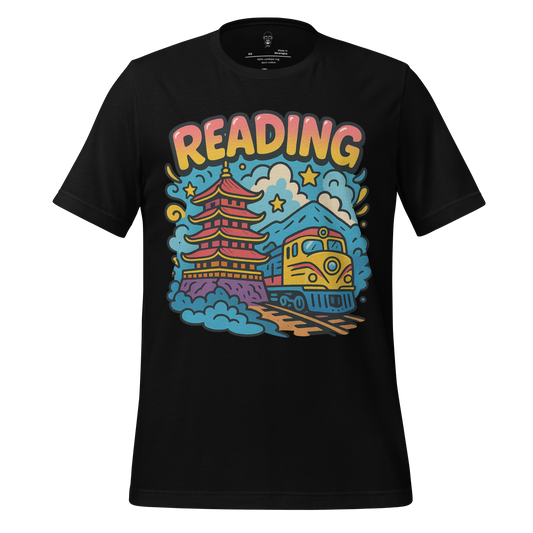 Black JMK Drip Reading Graphic T-Shirt with colorful train and pagoda design