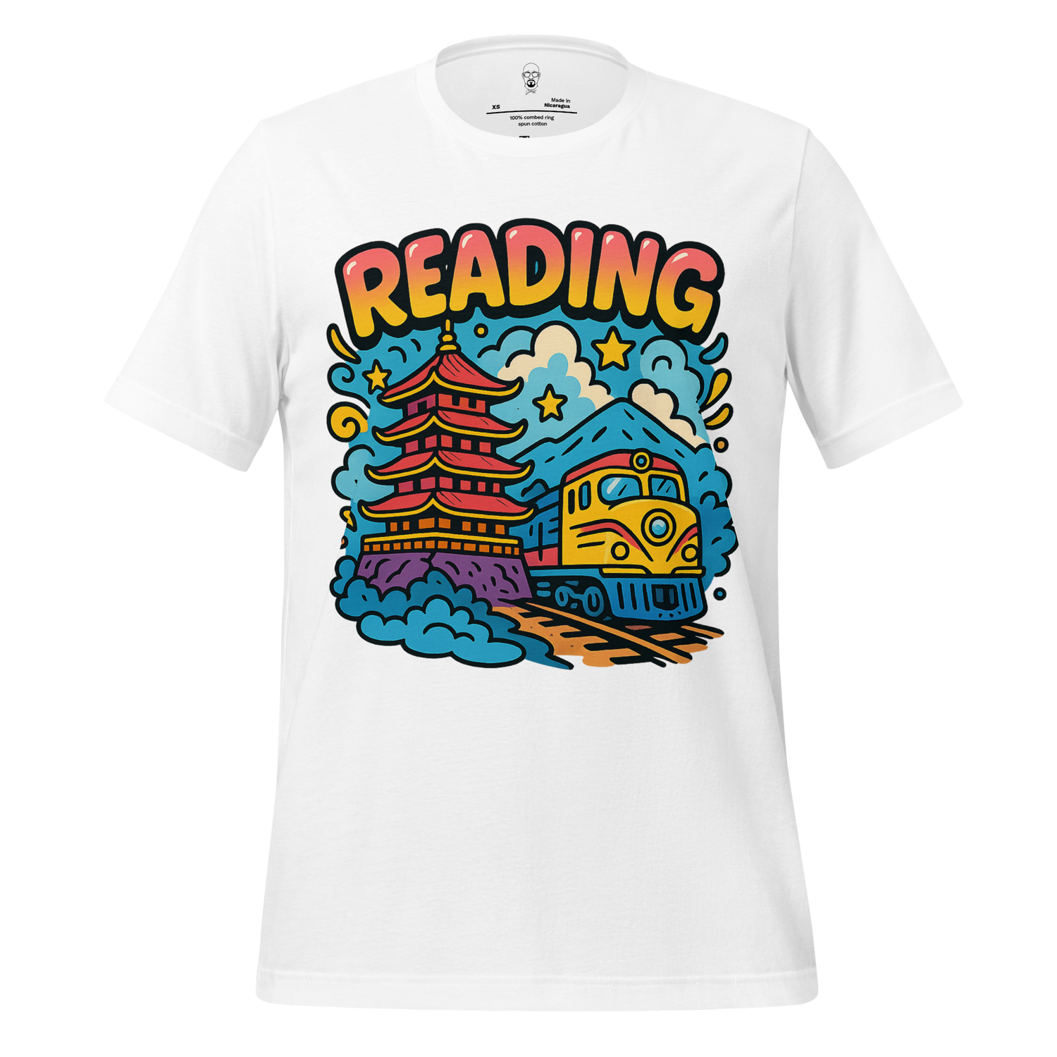 White Reading Graphic T-Shirt by JMK Drip featuring colorful train and pagoda design
