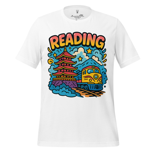 White Reading Graphic T-Shirt by JMK Drip featuring colorful train and pagoda design
