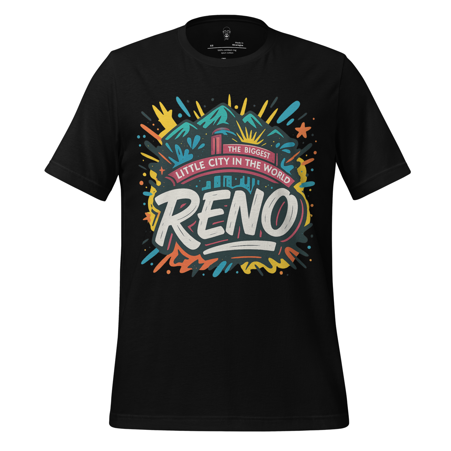 Black Reno Graphic T-Shirt with colorful mountain and city design featuring The Biggest Little City in the World text