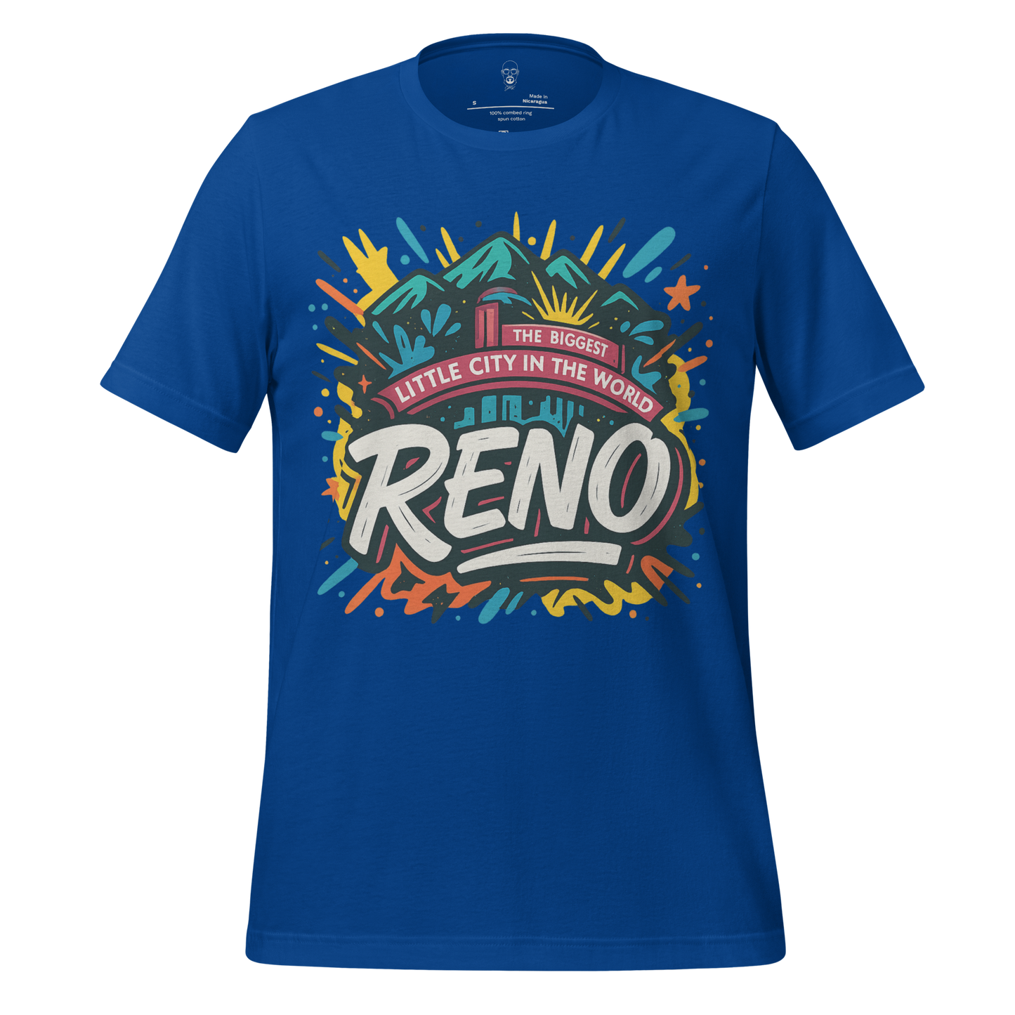 JMK Drip blue Reno Graphic T-Shirt with colorful cityscape and mountain design