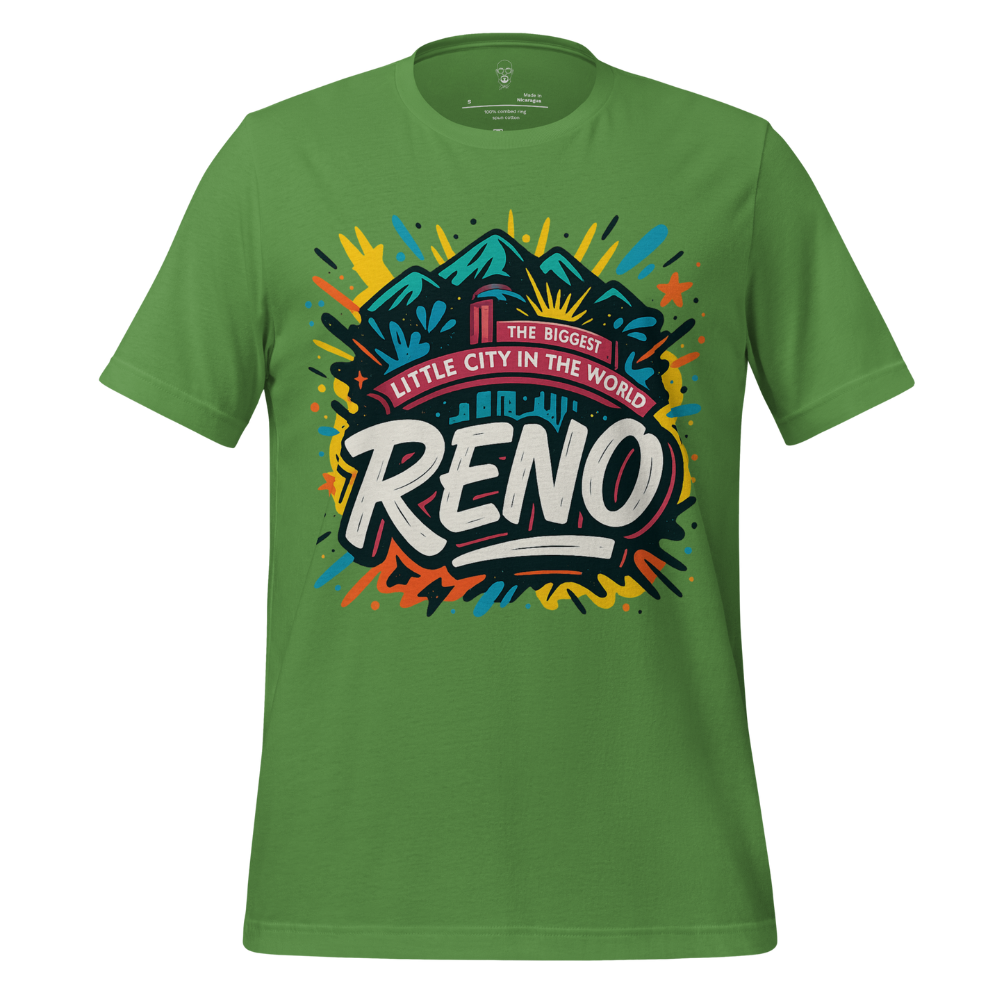 Green Reno Graphic T-Shirt featuring colorful mountain and city design with the text The Biggest Little City In The World