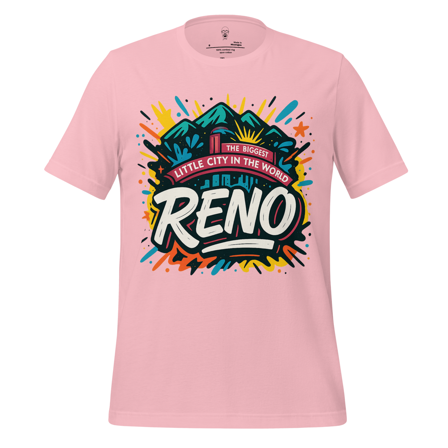 Pink Reno Graphic T-Shirt with colorful mountain and city design by JMK Drip