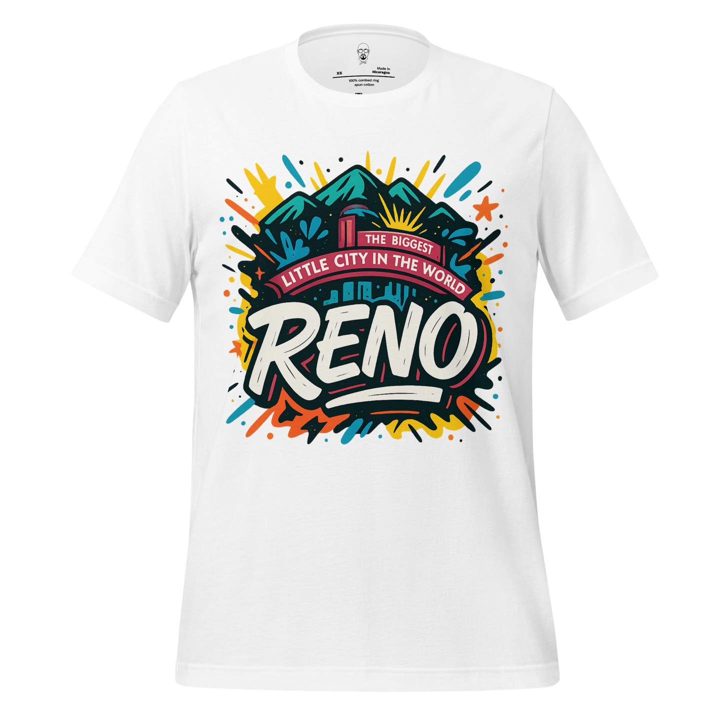 White Reno Graphic T-Shirt with colorful mountain and city design and text The Biggest Little City in the World