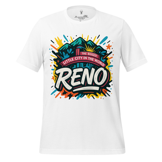 White Reno Graphic T-Shirt with colorful mountain and city design and text The Biggest Little City in the World